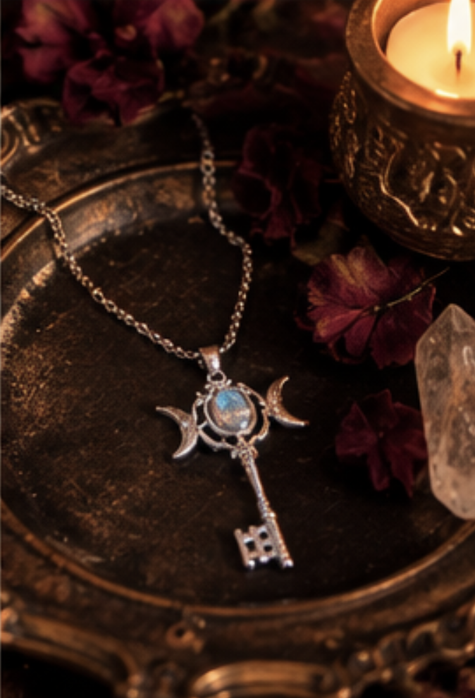 Hekate's Skeleton Key necklace resting on a dark antique tray beside candlelight and petals